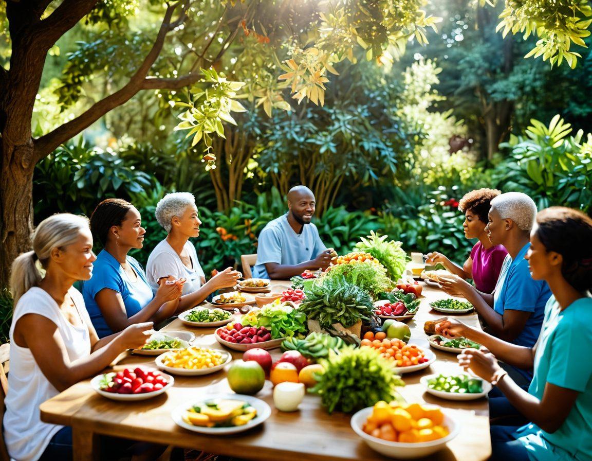 A serene scene depicting a diverse group of people engaging in a community support meeting about cancer care, surrounded by vibrant plants symbolizing wellness. In the foreground, a table filled with colorful, nutritious foods showcasing healthy eating, while soft sunlight filters through trees, creating a warm, inviting atmosphere. super-realistic. vibrant colors. soft focus.