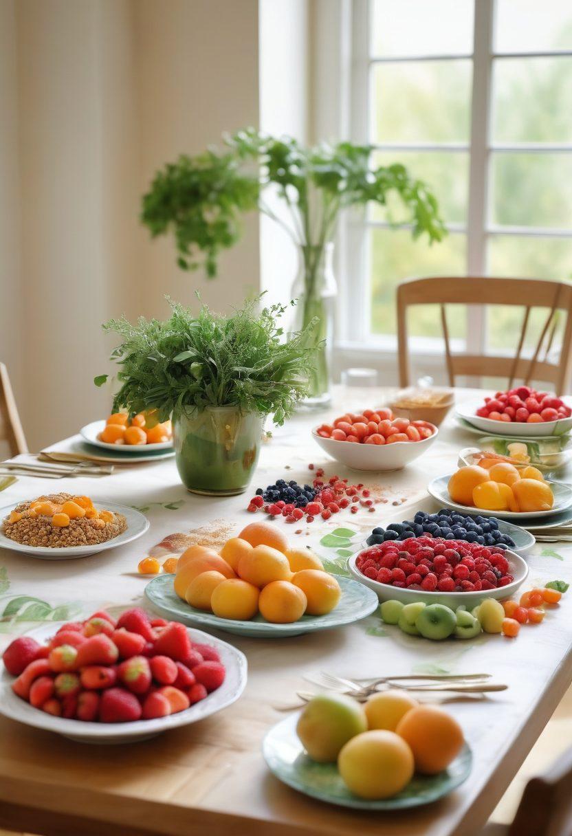 An elegant dining table set with vibrant fruits, vegetables, and whole grains, illuminated by soft, natural light. In the background, illustrations of cancer cells transforming into healthy cells, symbolizing healing through dietary choices. Include a peaceful atmosphere with green plants and gentle hand-painted details of progress and health. warm colors. soft focus. watercolor style.